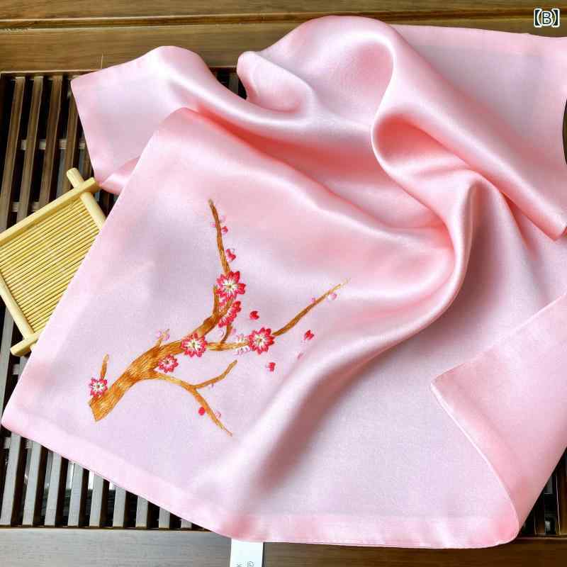ハンカチ プレゼント 女性 母の日 桃の花 刺繍 正方形 中国風 レトロ 光沢 シンプル 上品 退職 送別会 誕生日 黄 ピンク 白