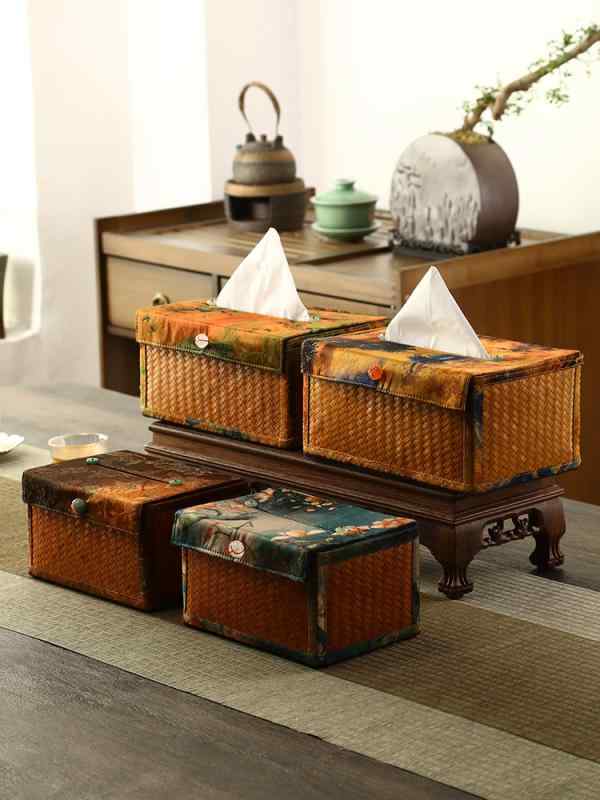 ティッシュケース おしゃれ 中国風 竹 ボックス テーブル デスクトップ リビング 家庭 イエロー グリー..