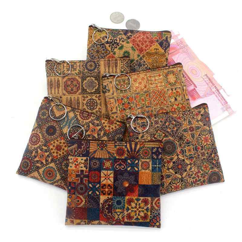 小銭入れ レディース ファスナー スクエア カード 鍵 レトロ カジュアル エスニック コルク柄 プリント..