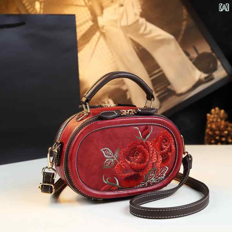 バッグ レディース 牛スプリットレザー ミディアム 女性向け ジッパーバック ショルダーハンドバック 母の日 ギフト サンドイッチジッパーバック ハーフラウンドバック 刺繍