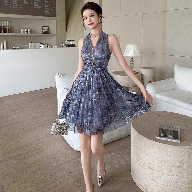 ワンピース ミニドレス 夏 金色 バラ ホルターネック メッシュ ノースリーブドレス 女性用 ホリデー フェアリー チュチュスカート パーティー おしゃれ 上品 優雅 エレガント フェミニン ラグジュアリー