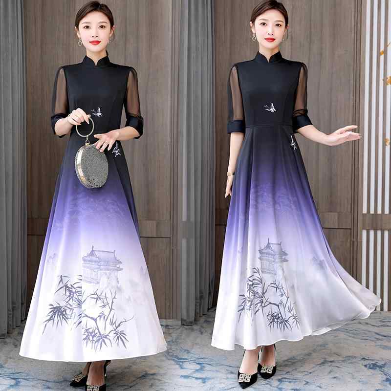 夏 中国風 ドレス スタンドカラー ロング エレガント チャイナ 五分袖