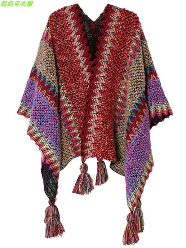 レディース ショール 暖かい ニット マント ケープ ポンチョ 春秋 カーディガン ストール マフラー アウター トップス 羽織 レトロ エスニック フリンジ 厚手 青 赤 灰