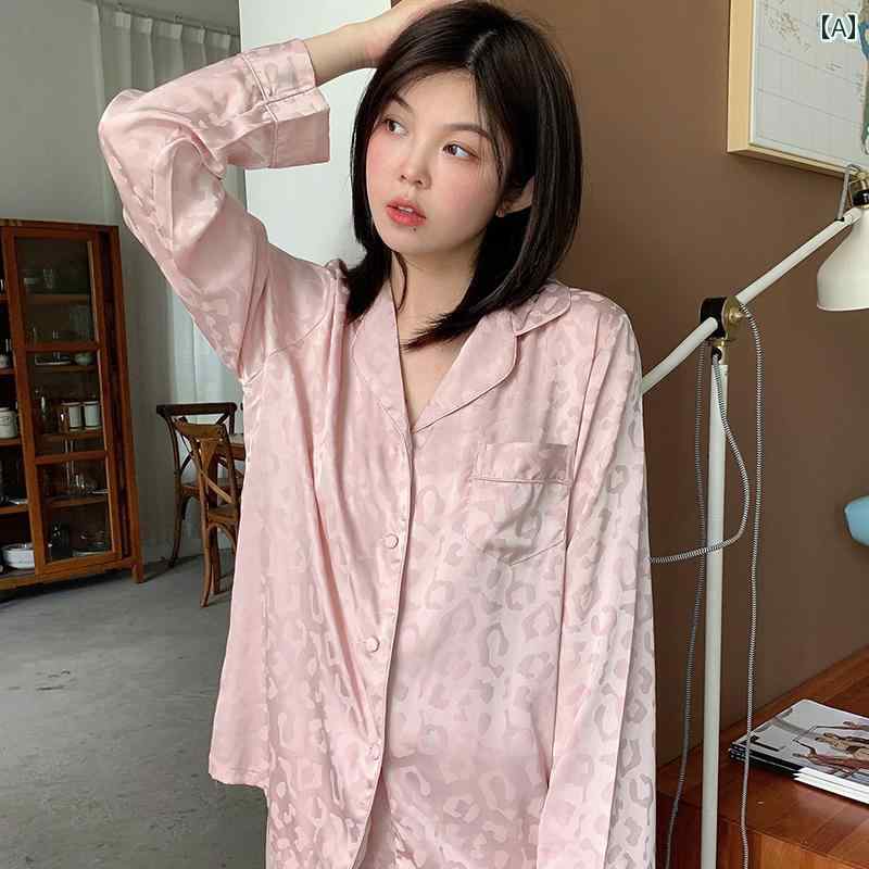 楽天way-ugoパジャマ レディース ルームウェア シルクパジャマ 春夏秋 長袖 フレンチ ヒョウ柄 ツーピース スーツ ホームウェア ピンク ブラック