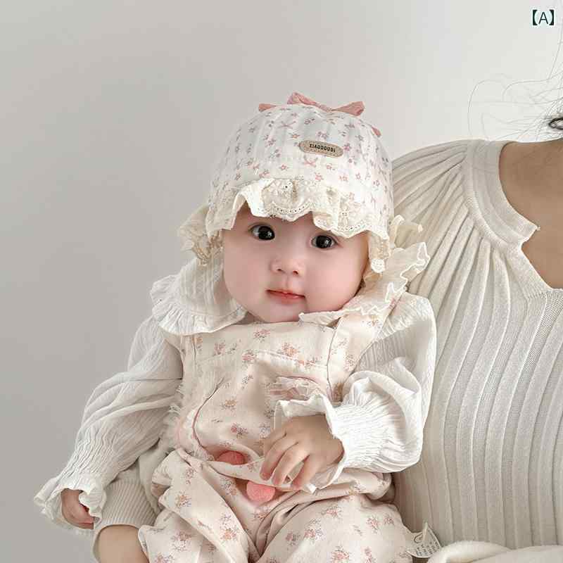 ベビー キッズ 赤ちゃん 帽子 春秋 女児用 フィッシャーマンハット バケットハット 6～12ヶ月 幼児用 日焼け防止 薄型 ドーム型 小花柄 リボン装飾 レース 軽量