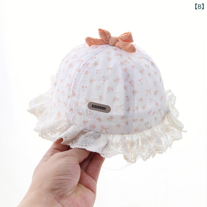 ベビー キッズ 赤ちゃん 帽子 春秋 女児用 フィッシャーマンハット バケットハット 6～12ヶ月 幼児用 日焼け防止 薄型 ドーム型 小花柄 リボン装飾 レース 軽量