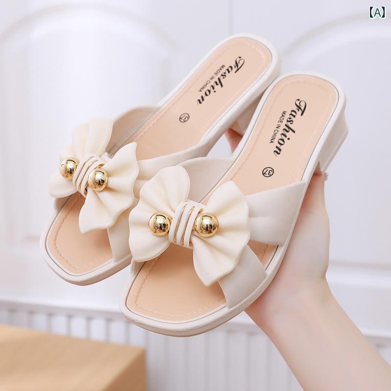 サンダル 夏 リボン 厚底 レディース スリッパ 軽量 ミッドヒール ホーム ファッション ソフトソール アウトドア用 万能 女性用