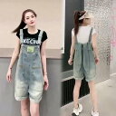 サロペット パンツ レディース オーバーオール つなぎ うさ耳 夏 薄手 ウォッシュ ジーンズ かわいい ゆったり サスペンダー ワイドレッグ ショーツ 韓国 ブラック ホワイト