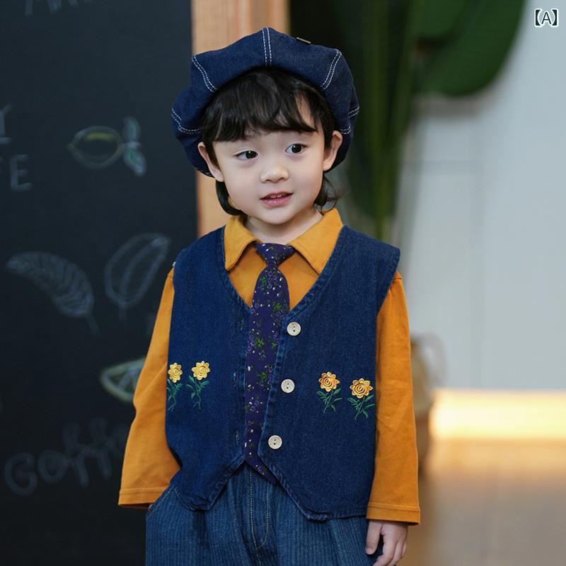 デニム ベスト キッズ 女の子 子供服 ノースリーブ ジャケット Gジャン おしゃれ 韓国 刺繍 春秋 ベビー ブルー