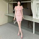 ワンピース ミニドレス フレンチ ピンク パフスリーブ メッシュドレス スイートスタイル ハイウエスト ヒップラインフィット 夏 女性用 パーティー おしゃれ 上品 優雅 エレガント フェミニン ラグジュアリー