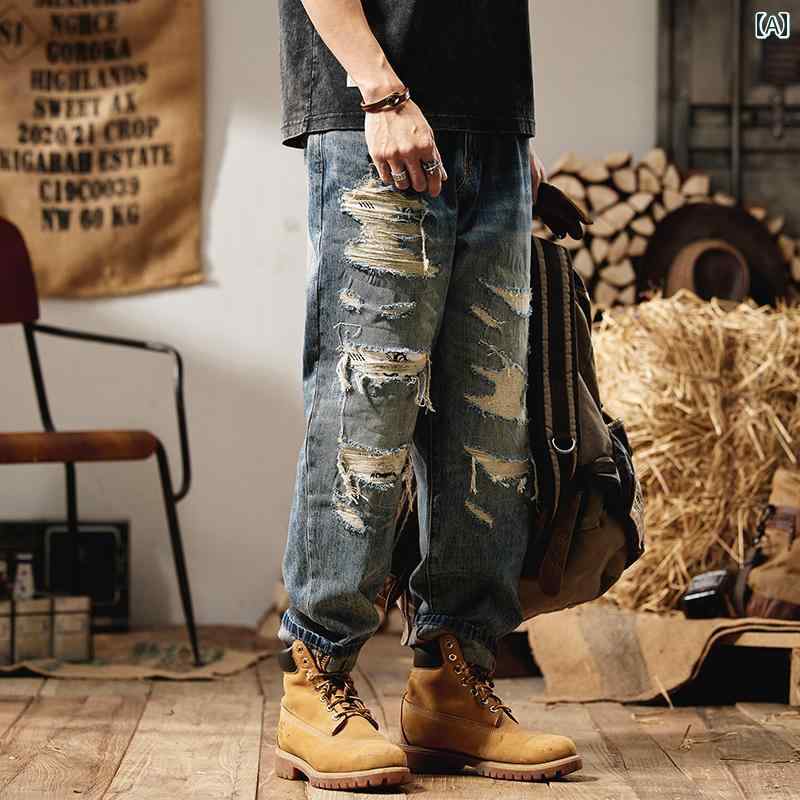 メンズ ダメージ デニム パンツ ワーク ロングパンツ カジュアル ストリート おしゃれ マルチポケット付 動きやすい 普段着 仕事着 レトロ アメカジ ダンス 趣味 パフォーマンス 衣装 アウトドア レジャー