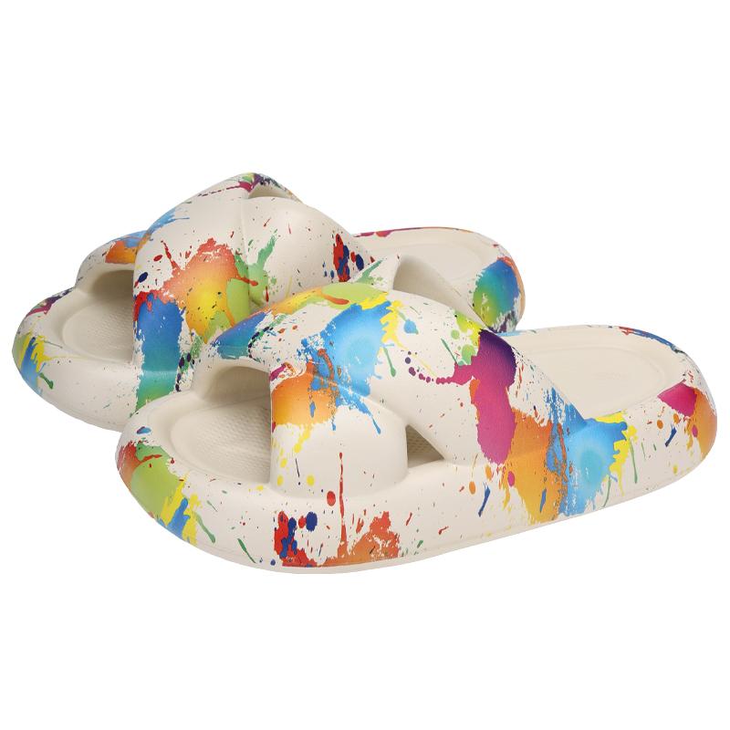 サンダル 夏 女性 ファッション プリント 厚底 ビーチ グラフィティ クロス型 滑り止め ホーム スリッパ 履きやすい カジュアル おしゃれ 華やか