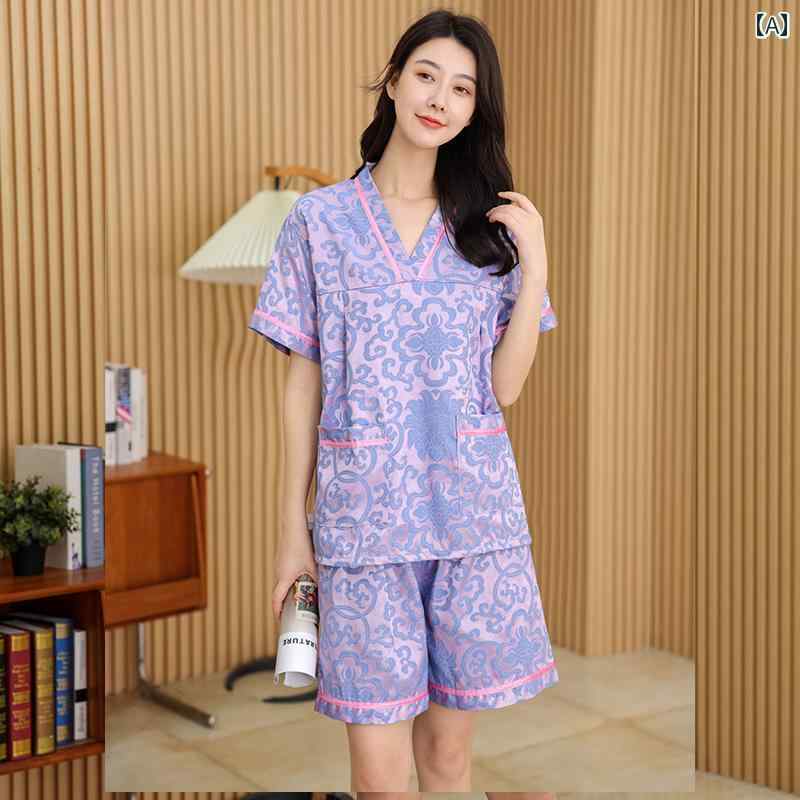 岩盤浴 ウェア サウナ レディース メンズ 大きいサイズ ゆったり 着やすい 半袖 中国風 Vネック ポケット 紫 シルバー ピンク 花柄 刺繡