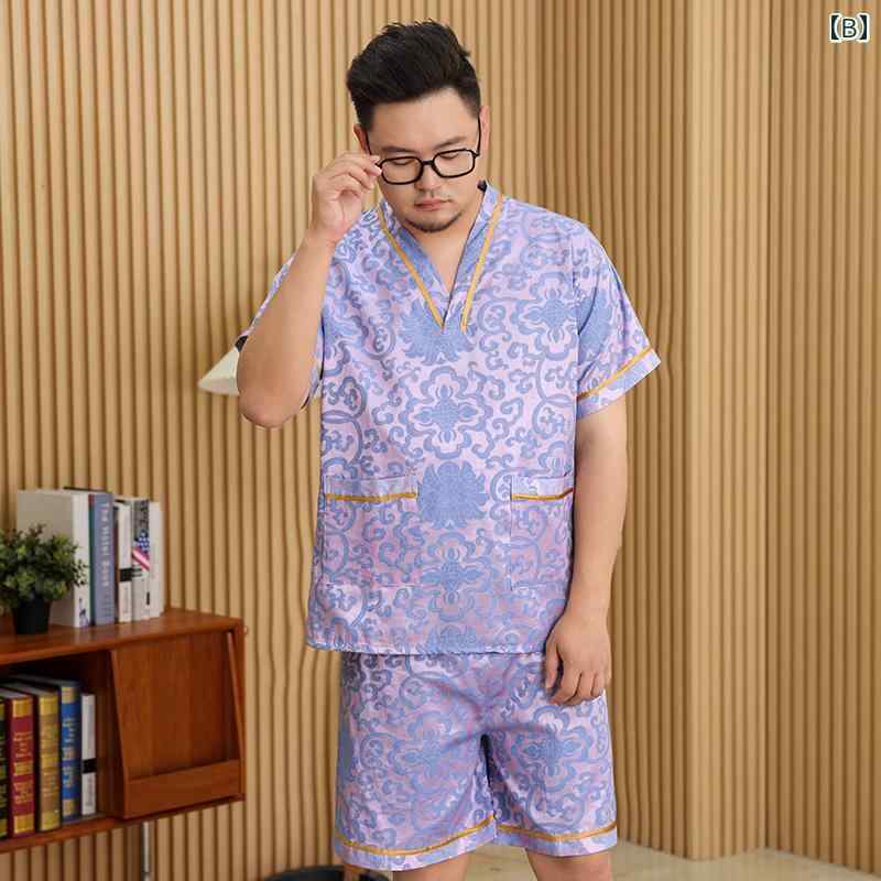 岩盤浴 ウェア サウナ レディース メンズ 大きいサイズ ゆったり 着やすい 半袖 中国風 Vネック ポケット 紫 シルバー ピンク 花柄 刺繡