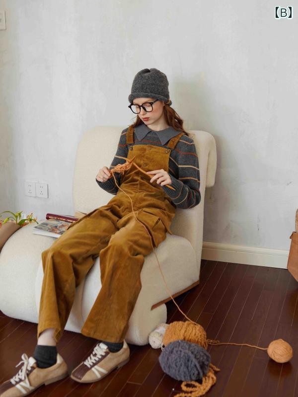 オーバーオール 秋冬 サロペット パンツ つなぎ レディース カジュアル レトロ コットン コーデュロイ ストレート ブラウン