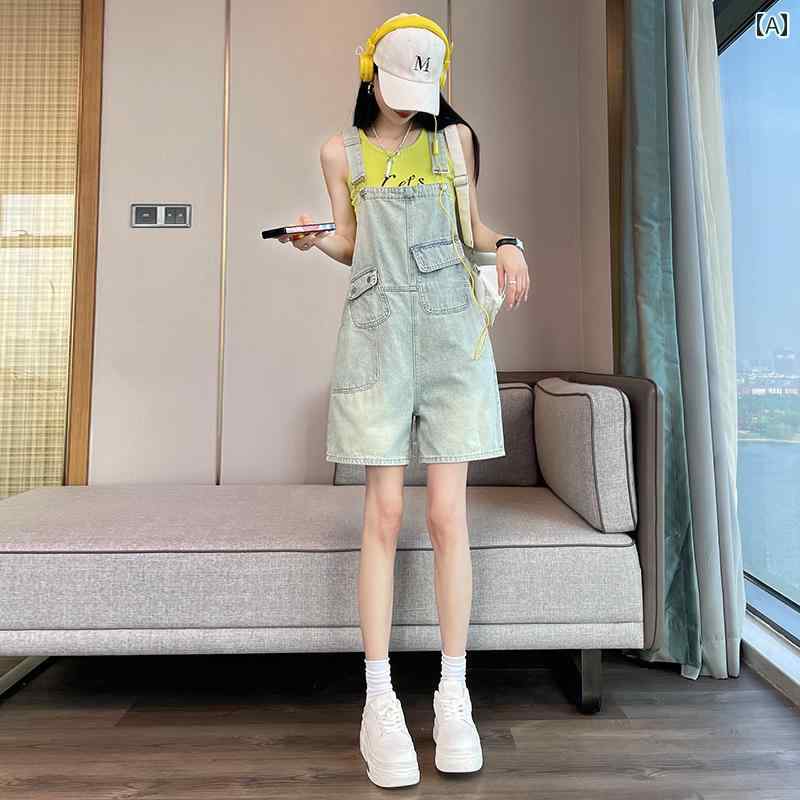 サロペット ショート丈 パンツ レディース オーバーオール つなぎ ワークウェア デニム サスペンダー ショーツ 夏 薄手 ワイドレッグ ジャンプスーツ 水色 紺