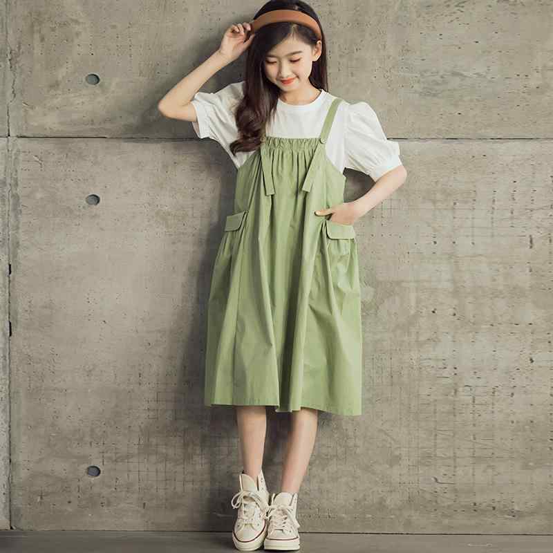 キッズ トップス オーバーオール 韓国 パフスリーブ 女児 女の子 ガール 子供用 2点セット プルオーバー 半袖 春夏 薄手 コットン 綿