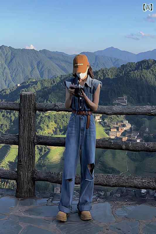 オーバーオール レディース サロペット デニム パンツ ノースリーブ ジャンプスーツ 夏 薄手 ハイウエスト スリム ストレート