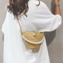 かごバッグ ショルダー トート レディース わら織り 夏 ビーチ レジャー 旅行 小さめ パール ハンド ベージュ カーキ ファスナー ソフト