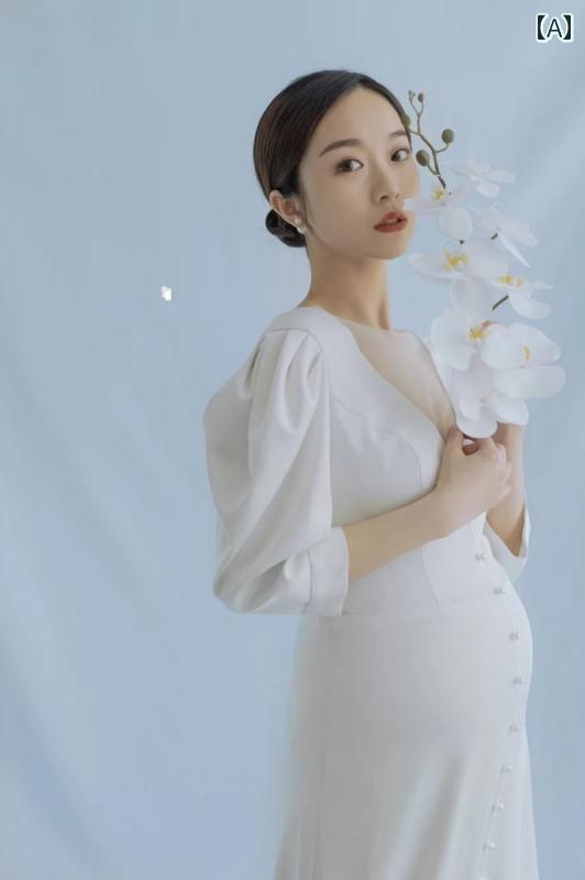 マタニティ フォト 衣装 おしゃれ 記念 思い出 妊婦 写真 韓国 美しい ホワイトテール ドレス スタジオ ママ アート フリーサイズ 白 シンプル