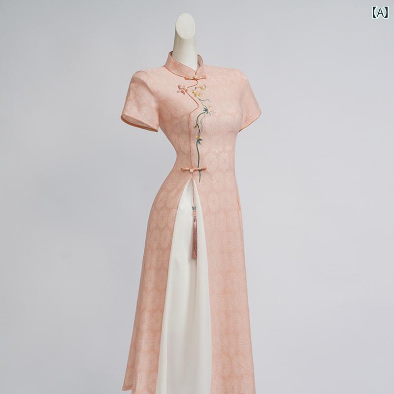 アオザイ チャイナドレス 花柄 かわいい カジュアル シンプル フェミニン 上品 エレガント 夏 ピンク おしゃれ モダン 大人っぽい レディース 刺繡