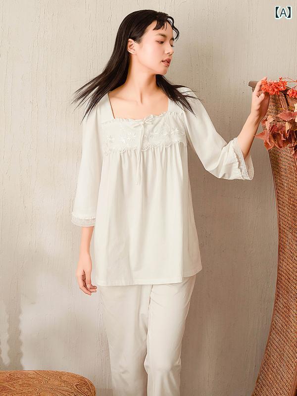 楽天way-ugoパジャマ レディース 宮殿風 春夏 レーシーフリル シフォン リボン 透け感 七分袖 ルーム ナイト ホームウェア ゆるふわ 快適 着心地 トップス ボトムス