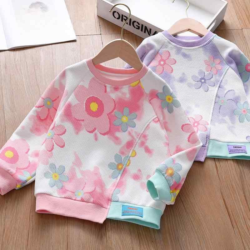 キッズ トレーナー 子供服 女の子 スウェット トップス 春秋 ラウンドネック コットン 花 リボン ウサギ クマ フリル プリント ピンク パープル(4)