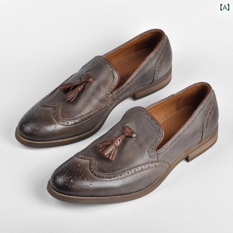 ローファー メンズ 紳士靴 シューズ フリンジ タッセル おしゃれ 革靴 レトロ スリッポン 通気性 ソフトレザー カジュアル カーキ ベージュ ブラック