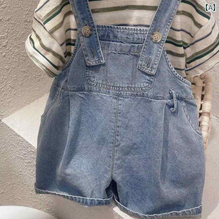 デニム オーバーオール ベビー キッズ サロペット 子供服 男の子 スーツ 夏 ボーイ ショートパンツ ブルー(4)
