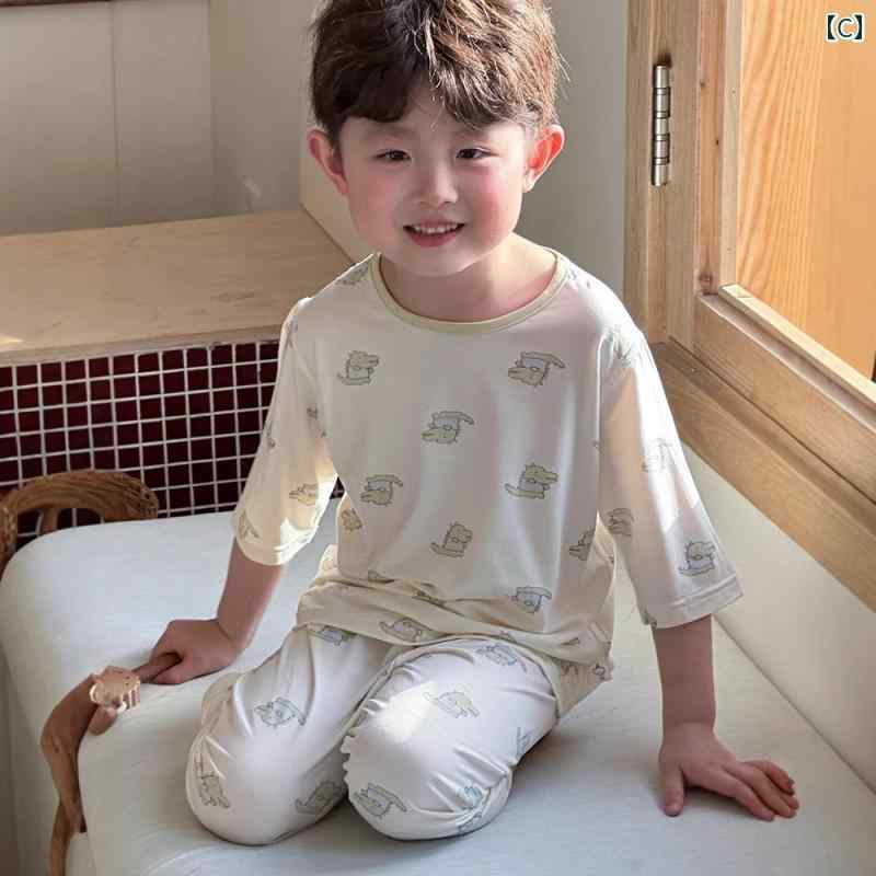 子供用 キッズ パジャマ 部屋着 ルームウェア ナイトウェア かわいい プリント 柄物 赤ちゃん用品 リラックス 快適 夏 ズボン パンツ アニマル 恐竜 動物(4)