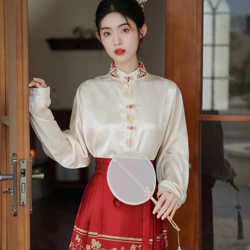 チャイニーズ スタイル レディース チャイナ風 シャツ 赤 馬顔 スカート スタンドカラー シングルブレスト 漢服 トップス ブラウス 長袖 年秋 アプリコット 刺繍 レトロ 上品 高級感