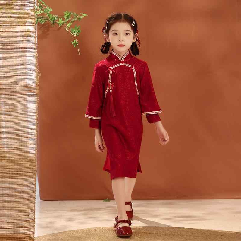 チャイナ ドレス かわいい 女の子 ハイエンド レトロ 秋冬 長袖 子供 赤い 小さい 漢服 唐 スーツ 中国風 キッズ ワンピース