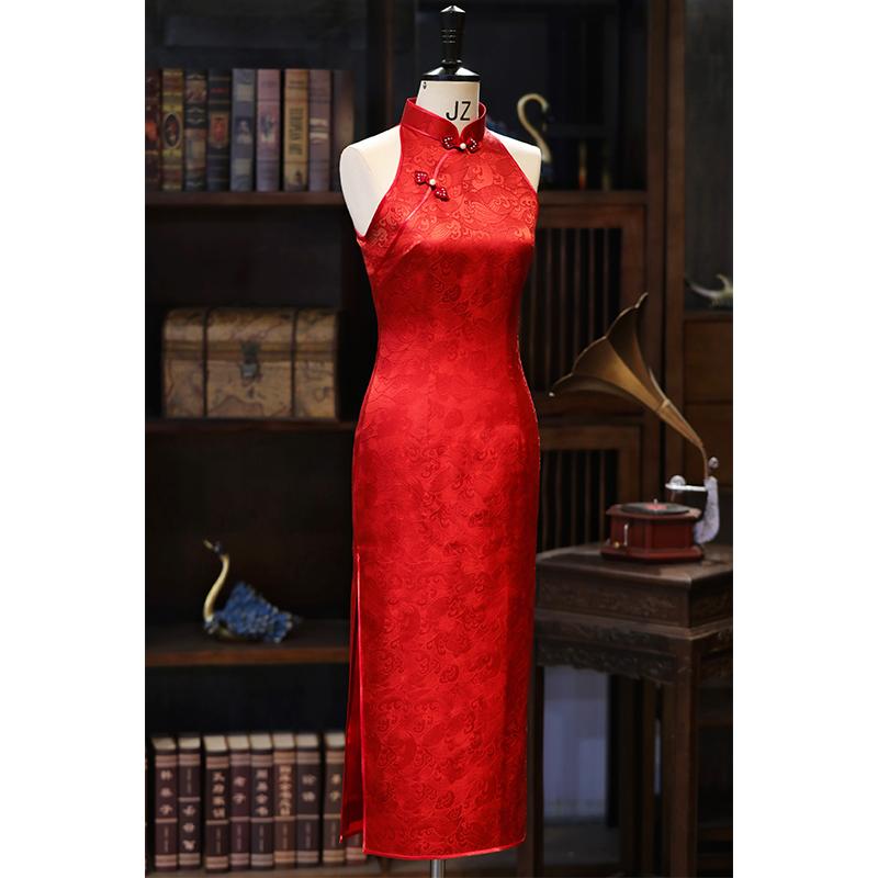 レディース ファッション シルク 赤い チャイナ ドレス 上品 お呼ばれ 女性用 チャイナ風 ホルターネック レギュラー ロングスカート 大人っぽい