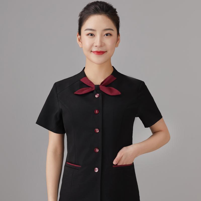 清掃 ユニフォーム 女性 夏 作業着 制服 レディース おしゃれ 半袖 トップス 長ズボン 通気性 柔らかい 大きいサイズ ハウスキーパー レストラン ホテル スタッフ 従業員 ビル 商業施設 シンプル 黒 ボルドー リボン