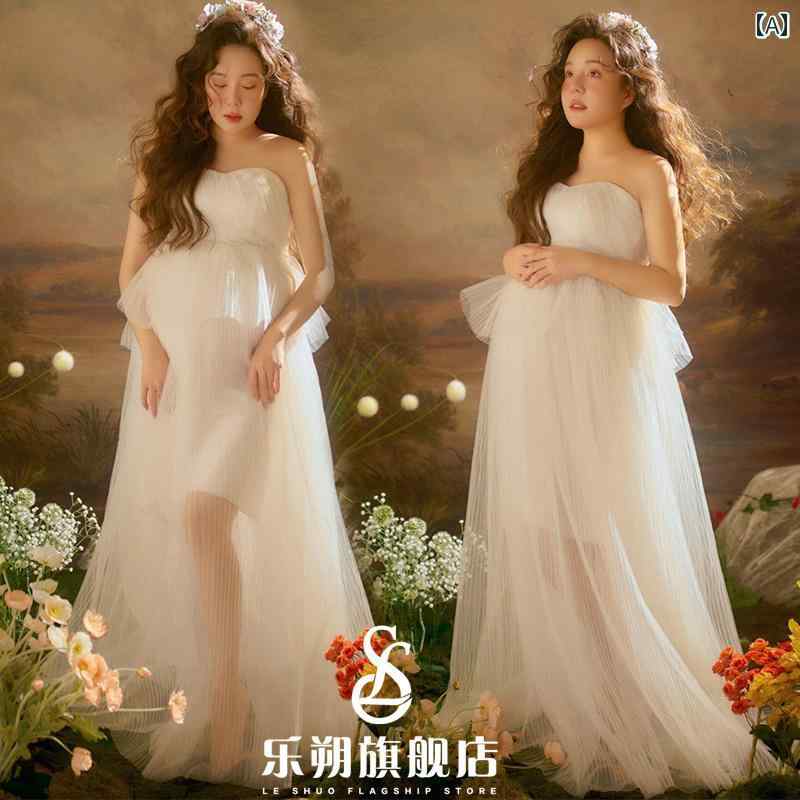 フォト 衣装 マタニティ おしゃれ 記念 思い出 写真 スタジオ 韓国 女の子 油絵風 白 ガーゼ スカート ドレス フリーサイズ ホワイト ワンピース シースルー
