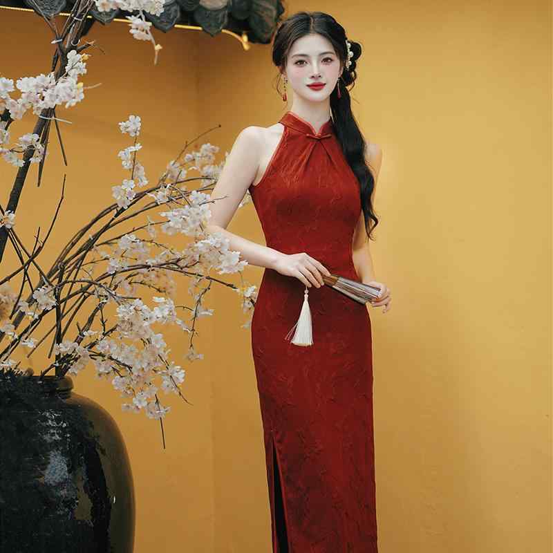 レディース ファッション チャイナ風 赤い チャイナ ドレス 上品 お呼ばれ トースト ドレス 女性 夏 スリム ノースリーブホルター ネック ドレス