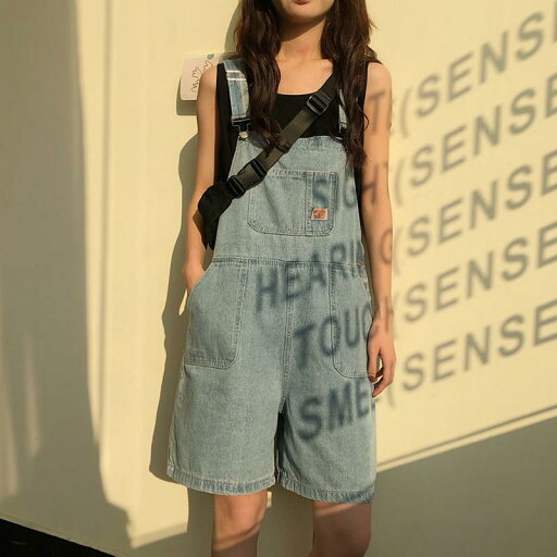 サロペット ショート丈 パンツ レディース オーバーオール つなぎ 小柄 デニム ジーンズ 夏 韓国 青 サロペット ショート丈 パンツ レディース オーバーオール つなぎ 小柄 デニム ジーンズ 夏 韓国 青