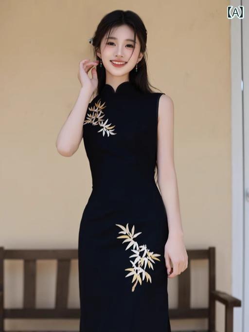 チャイナ ドレス レディース レトロ サマー ワンピース お呼ばれ 普段使い チャイナ風 黒 女の子 夏 スリム ドレス ハイウエスト ノースリーブ レギュラー