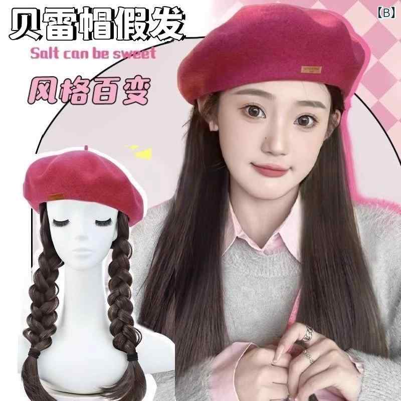 女性用 ウィッグ ワンタッチ おしゃれ 帽子 ウィッグ ワンピース ロング ヘア ピンク ベレー帽 ロング ストレート カーリーヘア シミュレーション 人毛 野球帽 取り外し可能 フル ヘッドギア