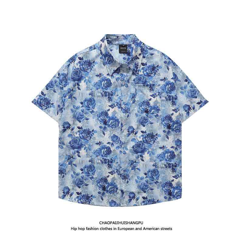 柄シャツ メンズ レディース トップス カジュアル スタイル イン レトロ ローズ シャツ 半袖 芸術的 カップル カジュアル ビーチ シャツ