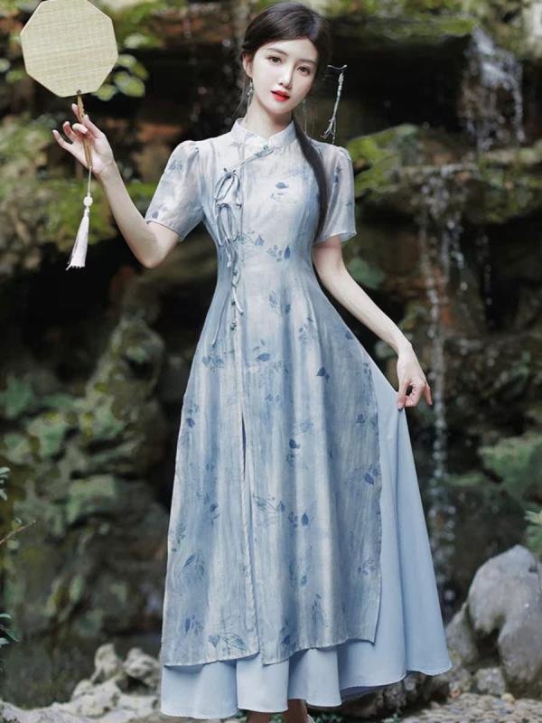 中国風 禅 女性 レトロ チャイナ ドレス 夏 クール ドレス ロング ブルー