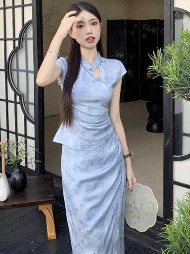 中国 スーツ小さい チャイナ ドレス 若々しい 女の子 夏 ドレス 2点 セット ロング スカート ブルー 中国 スーツ小さい チャイナ ドレス 若々しい 女の子 夏 ドレス 2点 セット ロング スカート ブルー