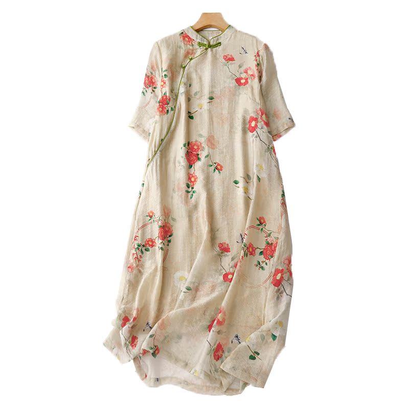ワンピース 文学 綿 リネン プリント ドレス 女性 夏 リネン チャイナ ラミー ロング スカート ゆったり 花柄