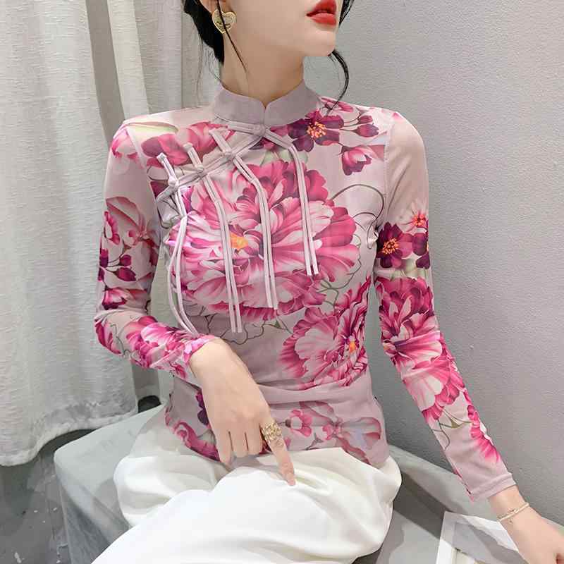 トップス レディース チャイナ風 長袖 春秋 スリム レトロ 柄プリント 花柄 スタンドカラー 立ち襟 お..