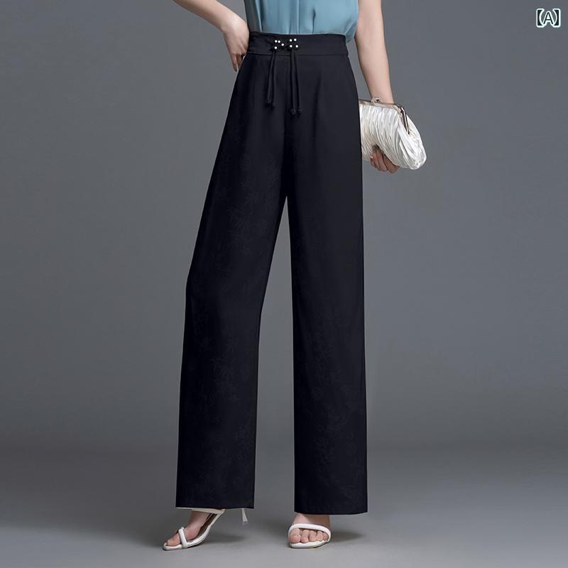 ワイドパンツ レディース 夏用 ロング丈 ひんやり 涼しい 薄手 ゆったり ハイウエスト 体型カバー ストレート ソフト 通気 しわになりにくい チャイナ風 カジュアル おしゃれ 黒 アイボリー 大きいサイズ