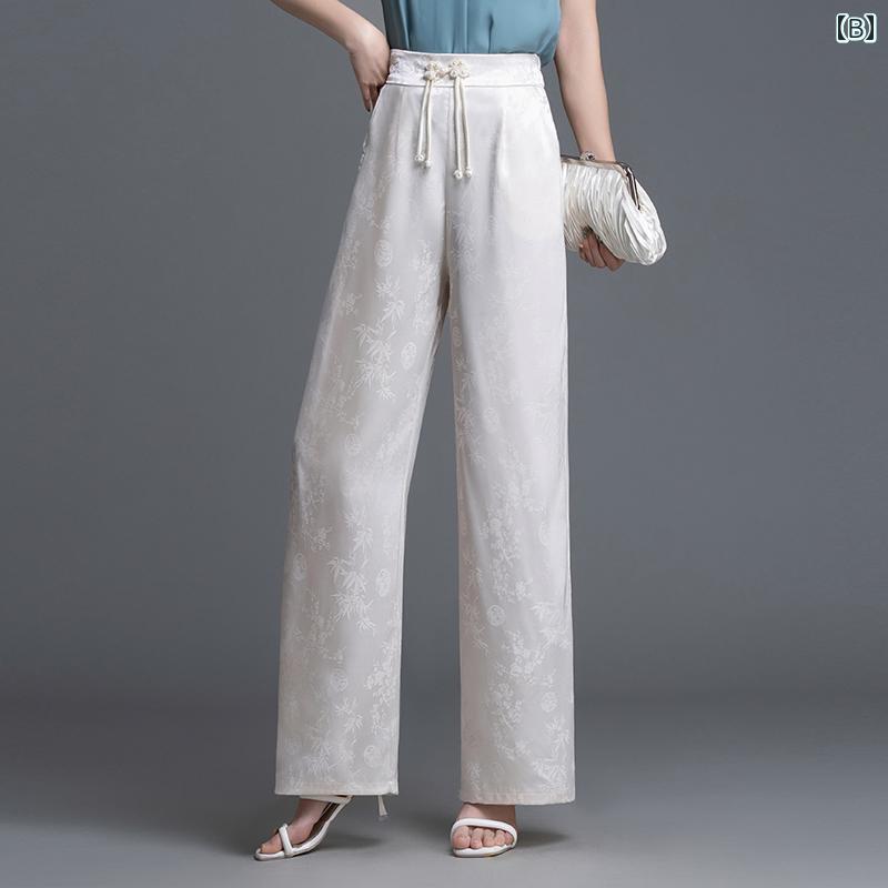 ワイドパンツ レディース 夏用 ロング丈 ひんやり 涼しい 薄手 ゆったり ハイウエスト 体型カバー ストレート ソフト 通気 しわになりにくい チャイナ風 カジュアル おしゃれ 黒 アイボリー 大きいサイズ