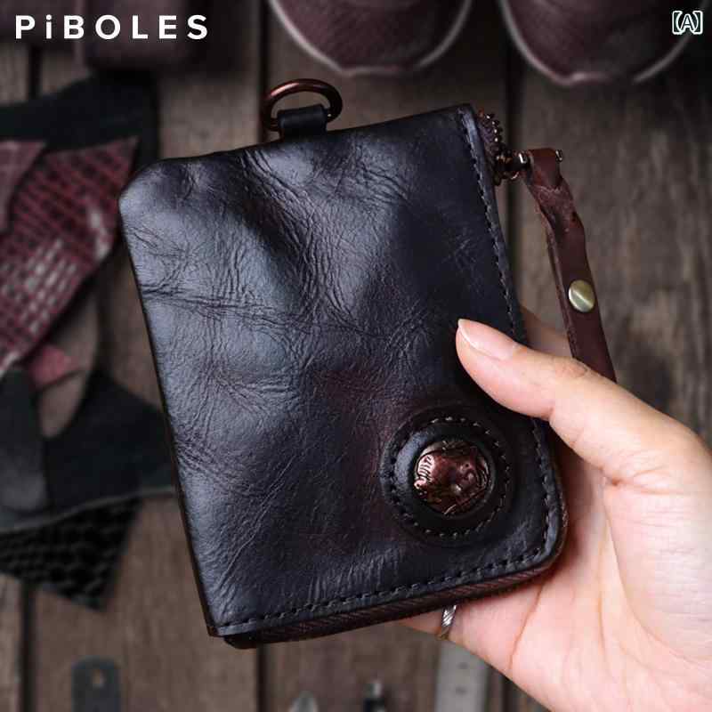 小銭入れ メンズ レディース ミニ 財布 コインケース 革 レトロ レザー ジッパー コイン カード ブラウン