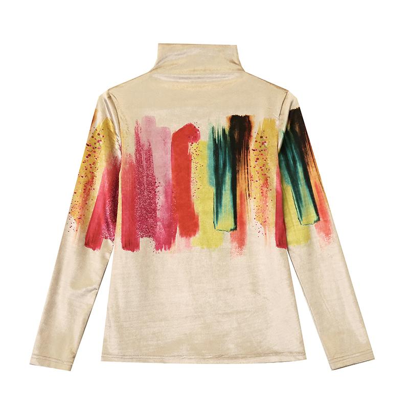 レディース 長袖 Tシャツ ハイネック ゴールド 裏起毛 秋冬 スリムフィット ヨーロピアン プリント トップス 大きいサイズ カラフル おしゃれ