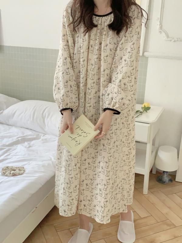 楽天way-ugoルームウェア レディース 部屋着 パジャマ 春秋 ガーリー おしゃれ ナイトガウン ラウンドネック ロング ワンピース ウサギ 花柄 韓国