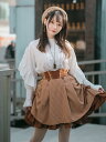 春夏 白 オレンジブラウン ストライプ フリル ハイウエスト Aライン スカート 二重層 レトロ かわいい レディース
